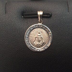 14K WHITE REAL SOLID GOLD ROUND VIRGIN MARY MIRACULOUS MEDAL CHARM PENDANT 1.20G